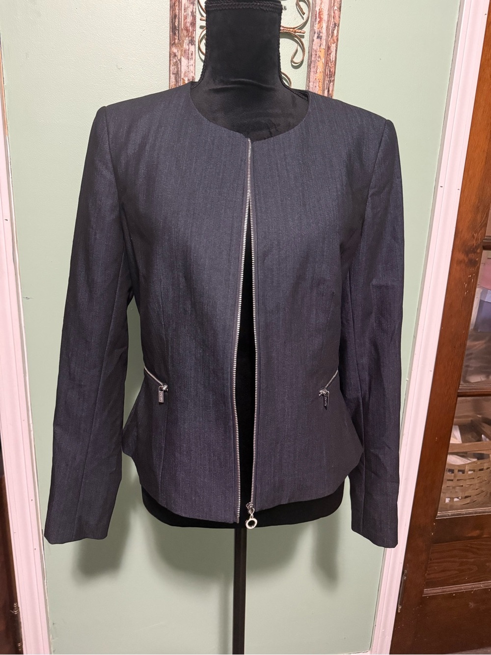 Calvin Klein indigo dark blue denim look zip blazer size 10 NWT